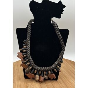 Vintage Elephant Animal Charm Necklace Safari Elephant Carved Wood 18" Boho